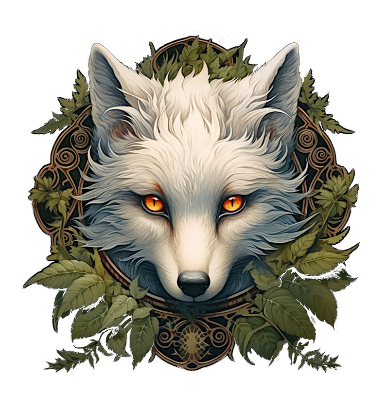 May include: A white wolf with orange eyes is framed by a decorative, leafy, gold-colored border.