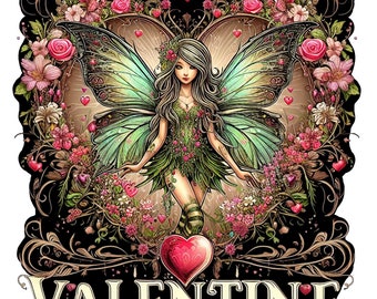 Valentine Fairy Digital Illustration Valentines Day PNG Fairy Graphic Floral Print 12x12 Inch Holiday Printable Valentine Card Wall Art DIY