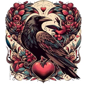 Raven Heart Valentine PNG Bird Art Printable 12x12Inch Wings And Hearts Digital Illustration Valentines Day Graphic Card-Making Art Crow PNG