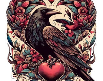 Raven Heart Valentine PNG Bird Art Printable 12x12Inch Wings And Hearts Digital Illustration Valentines Day Graphic Card-Making Art Crow PNG