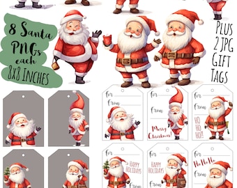 Santa Clip Art Bundle: Set Of 8 Santa Claus PNGs With 2 Sheets Of 9 Santa Gift Tags JPG Santa Printables Christmas Clip Art Download  300Dpi