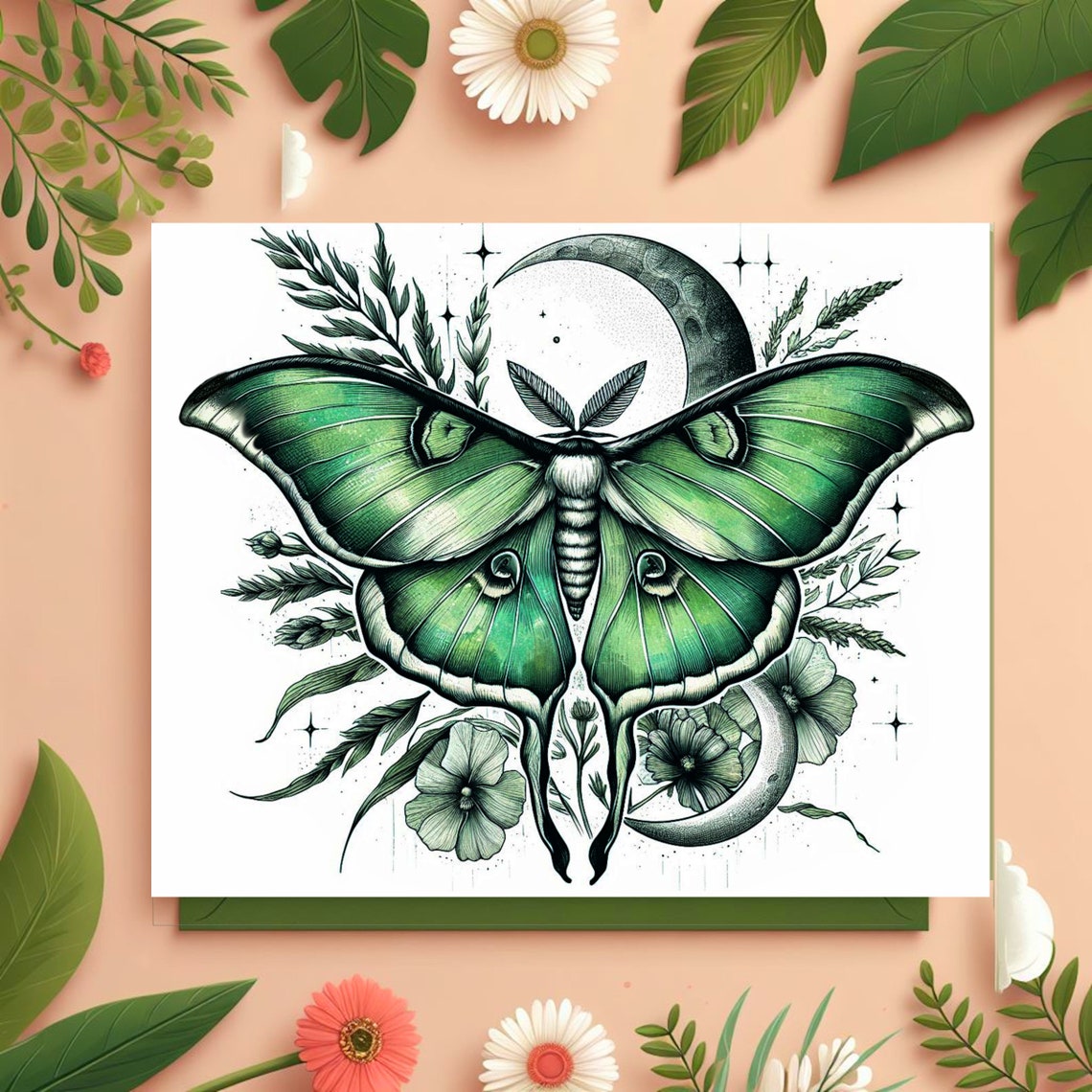 Luna Moth Tattoo Style Illustrations Set of 2 Moths PNG Printables 9 ...