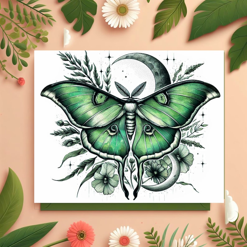May include: A green luna moth with intricate wing patterns is surrounded by delicate foliage, including small white flowers and a crescent moon. The image is rendered in a detailed, almost realistic style, with subtle shading and highlights.