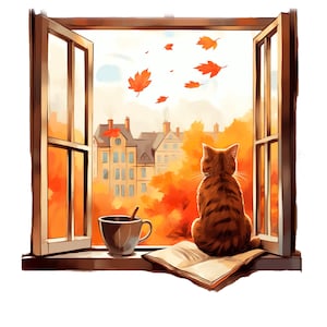 Puede incluir: Un gato atigrado marrón está sentado sobre un libro abierto en el alféizar de una ventana, frente a una vista de árboles otoñales y edificios. Una taza de cerámica con una cuchara descansa cerca. Hojas naranjas flotan en el aire exterior.