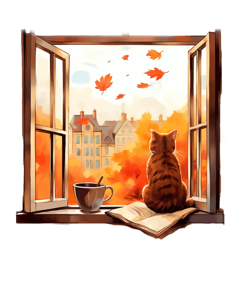 Peut inclure: Un chat tigré brun est assis sur un livre ouvert sur un rebord de fenêtre, face à une vue d'arbres d'automne et de bâtiments. Une tasse en céramique avec une cuillère est posée à côté. Des feuilles orange flottent dans l'air extérieur.