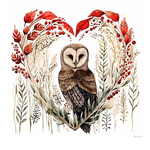 Wild Heart Woodland Owl Print Barn Owl Wildlife Digital Illustration Valentine Printable JPG 12x12 Inch 300Dpi Nature Prints Art To Download image 1