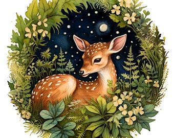 Fawn Sleeping In A Forest Thicket PNGs Circular Digital Illustration With A Clear Background Woodland Animal Art Baby Deer Print Sticker Art