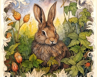 Hare Printable Nature Print Download 14x14 Inch Rabbit JPG Woodland Animal Art Easter Wall Decor Gardenscape Hare Printable Easter Card Art