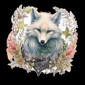 May include: A white fox with blue eyes is surrounded by a wreath of watercolor flowers and leaves. The fox is looking directly at the viewer with a slightly mischievous expression.