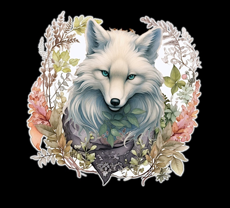 May include: A white fox with blue eyes is surrounded by a wreath of watercolor flowers and leaves. The fox is looking directly at the viewer with a slightly mischievous expression.