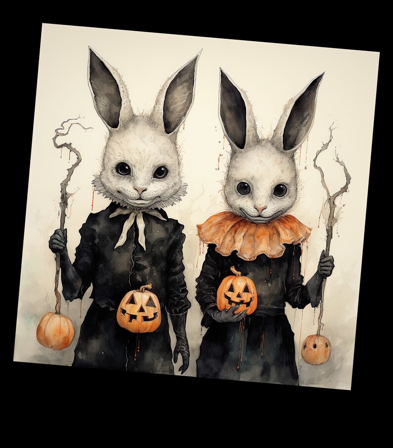 Halloween Party Rabbits in Masks With Pumpkins Printable PNG - Etsy