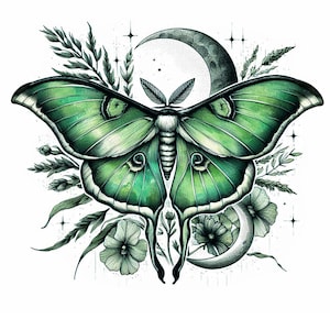 May include: A green luna moth with intricate wing patterns is surrounded by delicate wildflowers and a crescent moon. The moth is a symbol of transformation and rebirth, and the moon represents the feminine energy of the night.