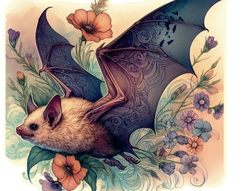 Flying Bat With Wildflowers PNG Printable Transparent Background Fruit Bat Digital Illustration 11x11Inches Sub Art Bat Graphic Download PNG