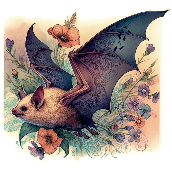 Flying Bat With Wildflowers PNG Printable Transparent Background Fruit Bat Digital Illustration 11x11Inches Sub Art Bat Graphic Download PNG