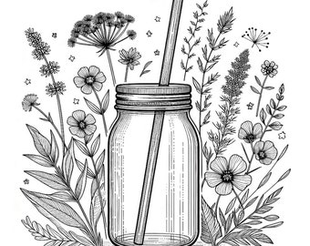 Wildflowers And Summer Drinks Juice Jar PNG Printable Mason Jar Illustration With A Wildflower Rainbow Enamel Mug PNG Camping Set Printables