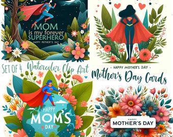 Superhero Moms Day Card Art Set Of 4 Illustrated Mothers Day PNGs And JPGs Mom Sub Art Prints To 12 To 10 Inch 300Dpi Hero Mom Clip Art Set