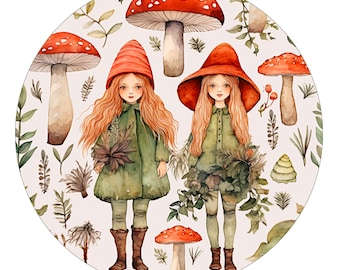 Mushroom Ladies PNG Print Fairy Art Printable Sticker Cottage Core Mushroom Girls Forest Plants 8 Inches Diameter Transparent Background PNG