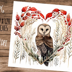 Wild Heart Woodland Owl Print Barn Owl Wildlife Digital Illustration Valentine Printable JPG 12x12 Inch 300Dpi Nature Prints Art To Download image 4