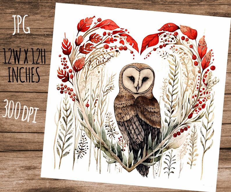 Wild Heart Woodland Owl Print Barn Owl Wildlife Digital Illustration Valentine Printable JPG 12x12 Inch 300Dpi Nature Prints Art To Download image 4