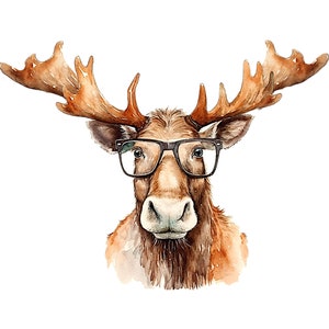 Moose Wearing Glasses PNG Printable Watercolor Animal Print To Download 12x12 Inch 300Dpi Resolution Transparent Background Funny Moose Art image 1