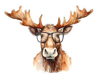 Moose Wearing Glasses PNG Printable Watercolor Animal Print To Download 12x12 Inch 300Dpi Resolution Transparent Background Funny Moose Art