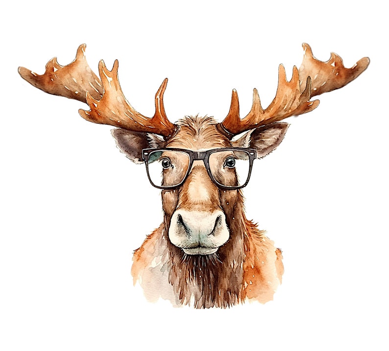 Moose Wearing Glasses PNG Printable Watercolor Animal Print To Download 12x12 Inch 300Dpi Resolution Transparent Background Funny Moose Art image 1