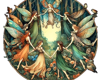 Forest Fairies Circle PNG Printable Transparent Back Fairy Wall Art Download 11 Inch Diameter Circular Fairy Graphic Blank Cards Sub Art PNG