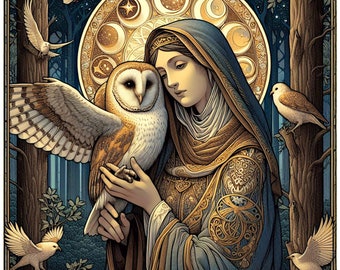 Mary Mother Of God With Barn Owl And Birds Forest Cathedral Window Digital Illustration Saint Art To Download 12x12 Inchs Woodland Scene JPG