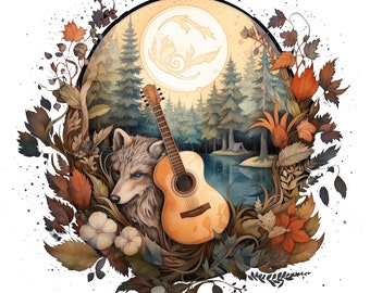 Musical Mystical Illustration Guitar With Wolf Coyote Woodland Forest Border PNG Printable 13x13 INches 300Dpi Guitar Nature Wall Card Art