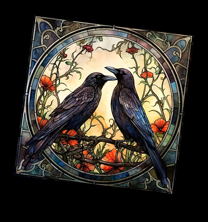 Crows With Thorned Vine Roses PNG Gothic Border Crow Printable Bird Art ...