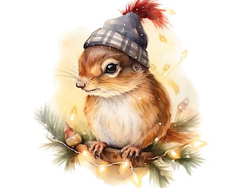 Cute Squirrel with Christmas Lights: Printable PNG Clear Background Squirrel In Stocking Cap, Digital Illustration Festive Decor DIY Crafts