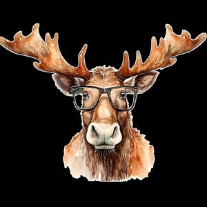 Moose Wearing Glasses PNG Printable Watercolor Animal Print To Download 12x12 Inch 300Dpi Resolution Transparent Background Funny Moose Art image 2