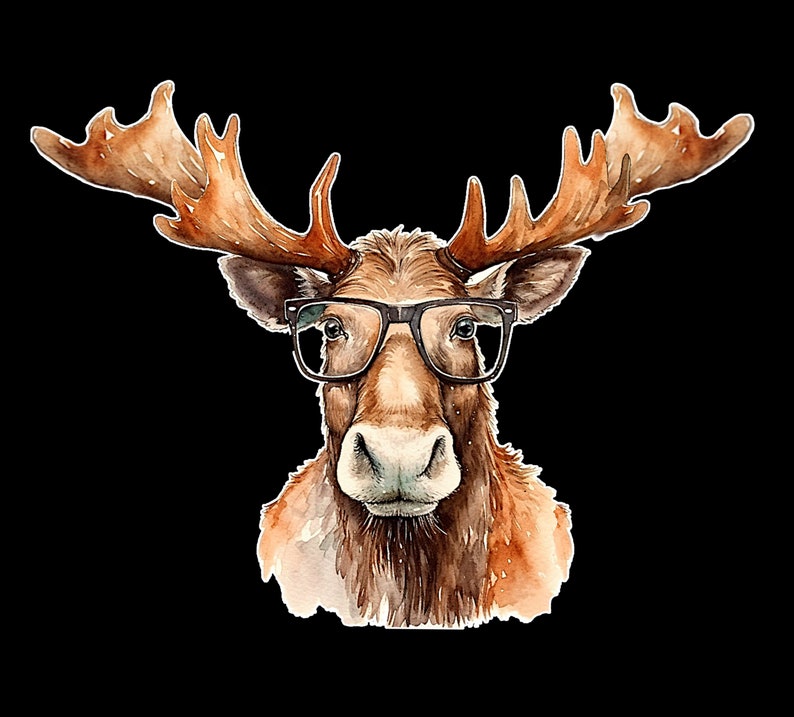 Moose Wearing Glasses PNG Printable Watercolor Animal Print To Download 12x12 Inch 300Dpi Resolution Transparent Background Funny Moose Art image 2