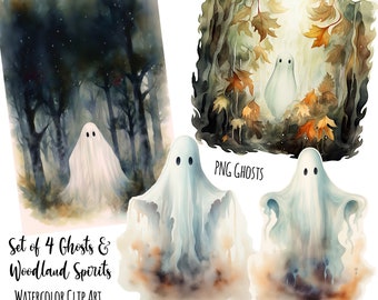 Ghosts And Spirit PNGs Set of 4 Watercolor Clip Art Halloween PNGs Sale 4 For Price Of 1 Ghost Printables 300Dpi Spooky Cute Woodland Ghosts
