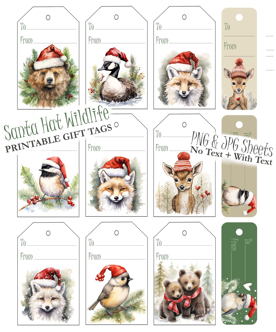 Santa Hat Animal Gift Tags Printable Christmas Wildlife Gift - Etsy