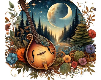 Woodland Mandolin PNG Print, Forest Musical Instrument Art (Digital Download)