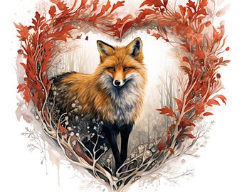 Fox Wild Heart Digital Illustration Wildlife Fox Printable Valentine Woodland Animal PNG 12x12 Inch 300Dpi Cards Or Wall Decor Fox Art Heart