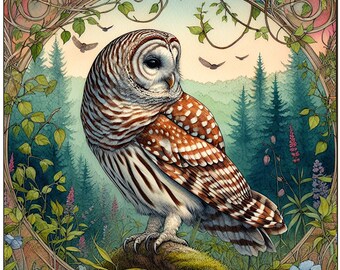Ilustración de un búho barrado en primavera, lámina de arte natural (PNG, JPG)