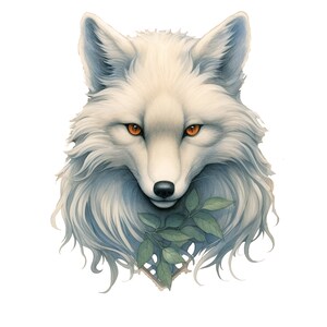 May include: A white arctic fox with orange eyes, looking directly at the viewer. The fox has a sprig of green leaves in its mouth.
