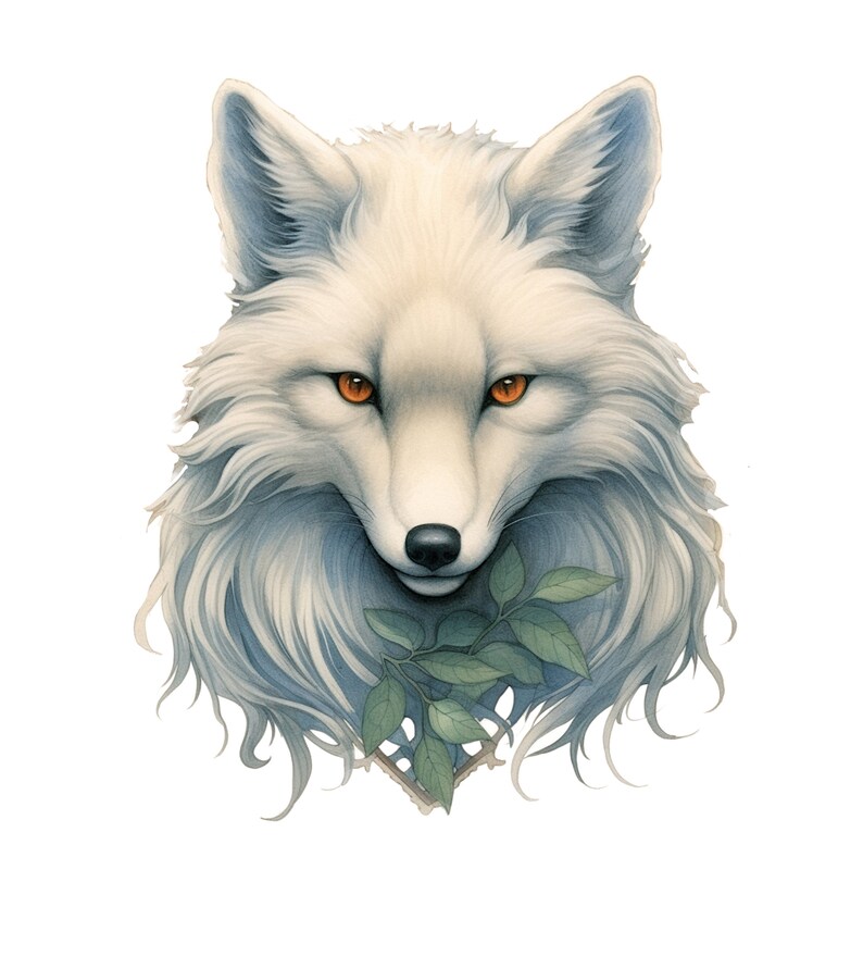 May include: A white arctic fox with orange eyes, looking directly at the viewer. The fox has a sprig of green leaves in its mouth.