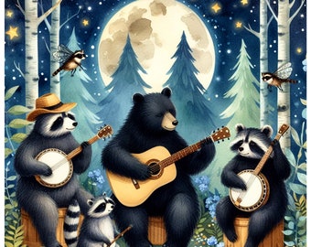 Woodland Bluegrass Band Funny Animal Bear Art Forest Creatures