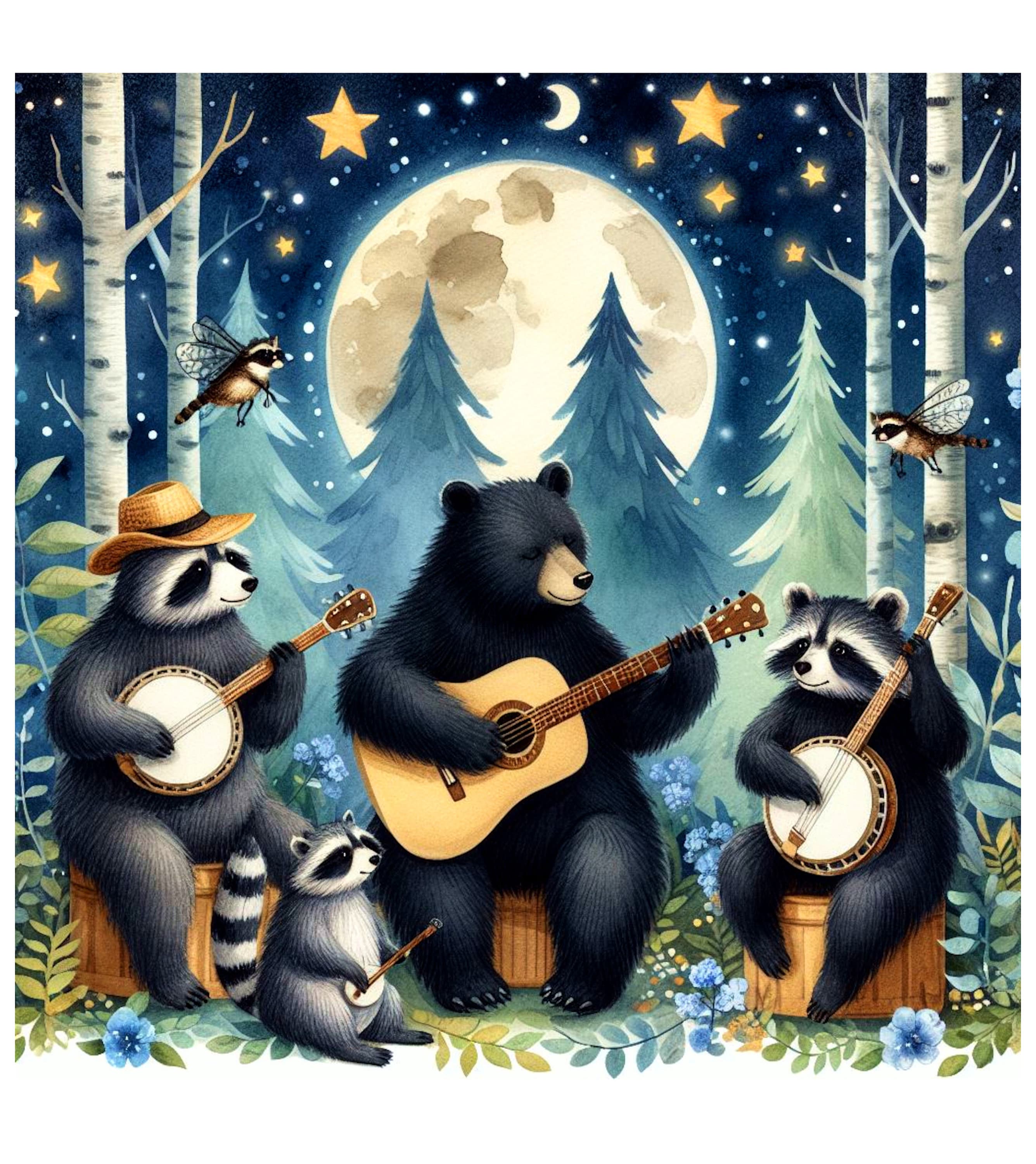 Woodland Bluegrass Band Funny Animal Bear Art Forest Creatures