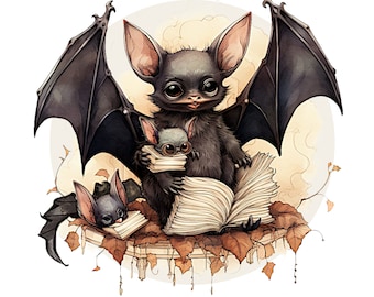 Gothic Bat Family Reading Together Printable Bats Cute Digital Illustration PNG Clear Background 300 Dpi Baby Bats Graphic Halloween Decor