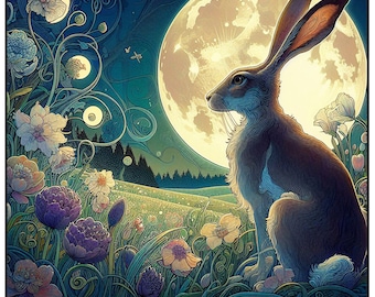 Hare Meadow Moonlight Illustration, Animal Print Wall Decor (Digital Download)