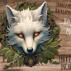 May include: A white wolf's head with orange eyes is surrounded by green leaves and a decorative gold frame. The image has a transparent background.