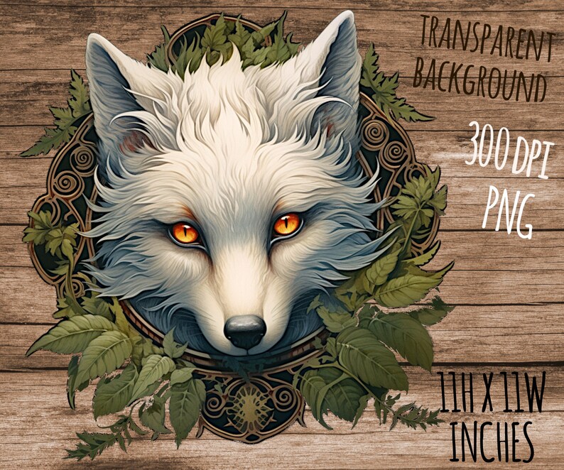 May include: A white wolf's head with orange eyes is surrounded by green leaves and a decorative gold frame. The image has a transparent background.