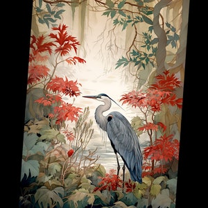 Puede incluir: Una pintura de acuarela de una garza azul de pie en un entorno boscoso. La garza est&aacute; mirando hacia la derecha y tiene las alas plegadas. El fondo es un suave verde y marr&oacute;n con toques de rojo.