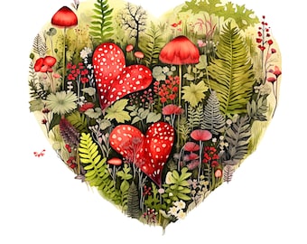 Wild Plants Heart Print, Mushroom & Fern Illustration (PNG, JPG)
