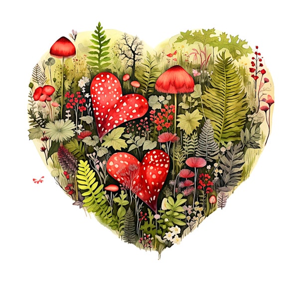 Wild Plants Heart Printable Mushrooms Fern And Gardening Illustrated PNG Heart Valentine Wall Decor Card-Making Cute Nature Print 12x12 Inch