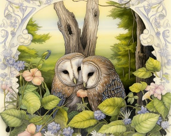 Barn Owl Bird Illustration Printable Bird Art Wall Decor 12x12 Inches Digital Prints Woodland Floral Border Printable Cards Nature Stickers